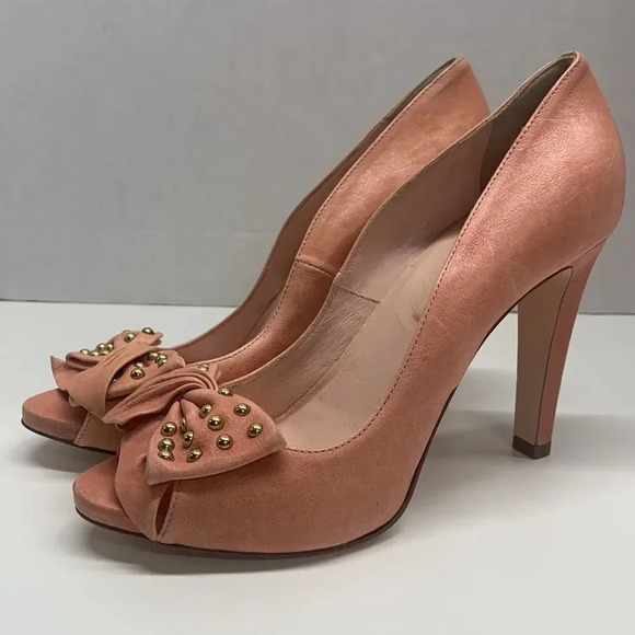 Valentino Red V High Heel Pumps Shoes Peep Toe Studded BowCoral Pink  Size 40 10 - Picture 6 of 12
